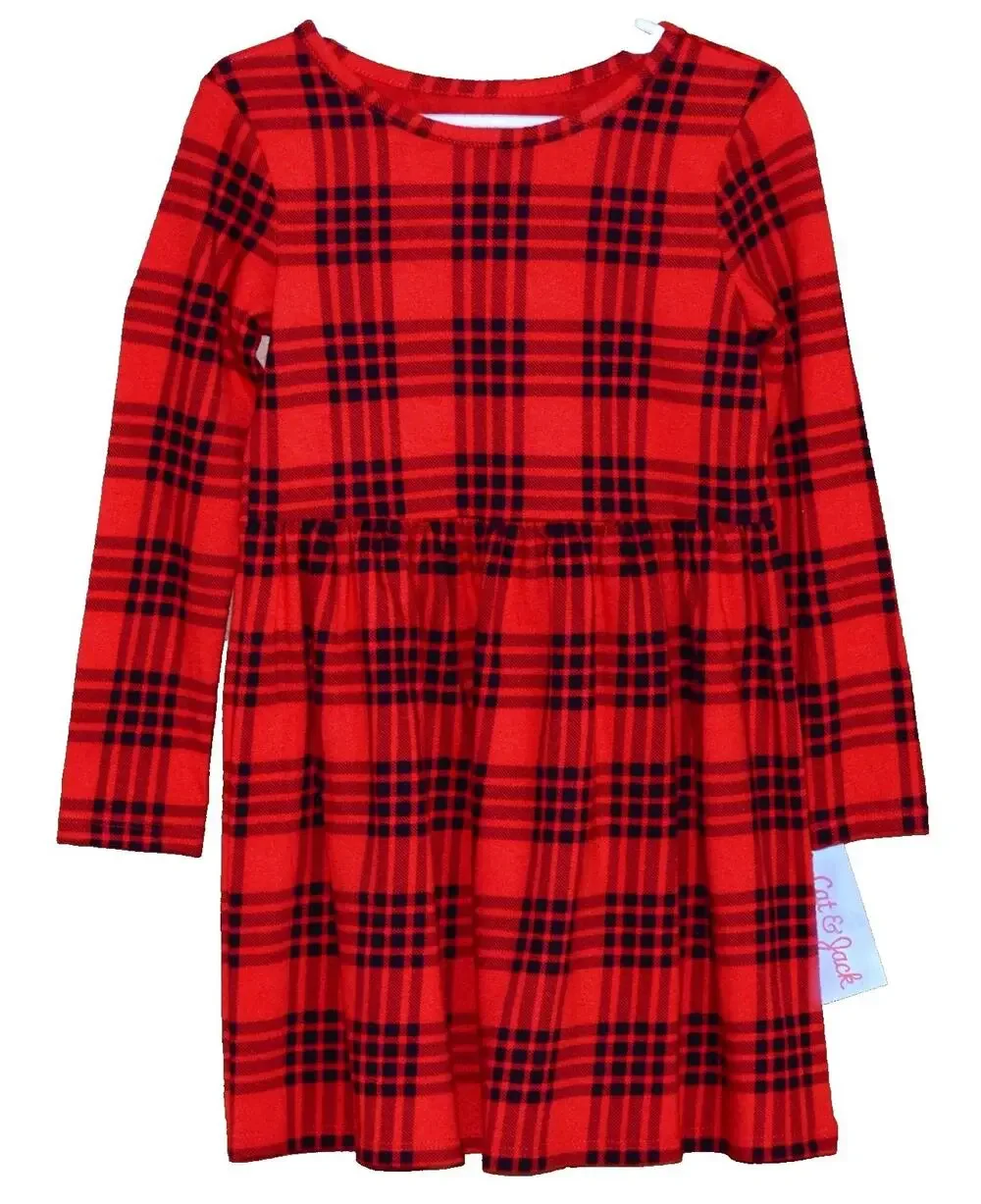 Cat & Jack Girl's Buffalo Plaid Dress Red and Black Cotton Flannel Size 5